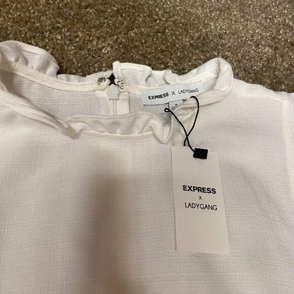 Express X Ladygang Ruffle Mini Dress Sz 6 White Flutter Country Western Peasant - Picture 9 of 16